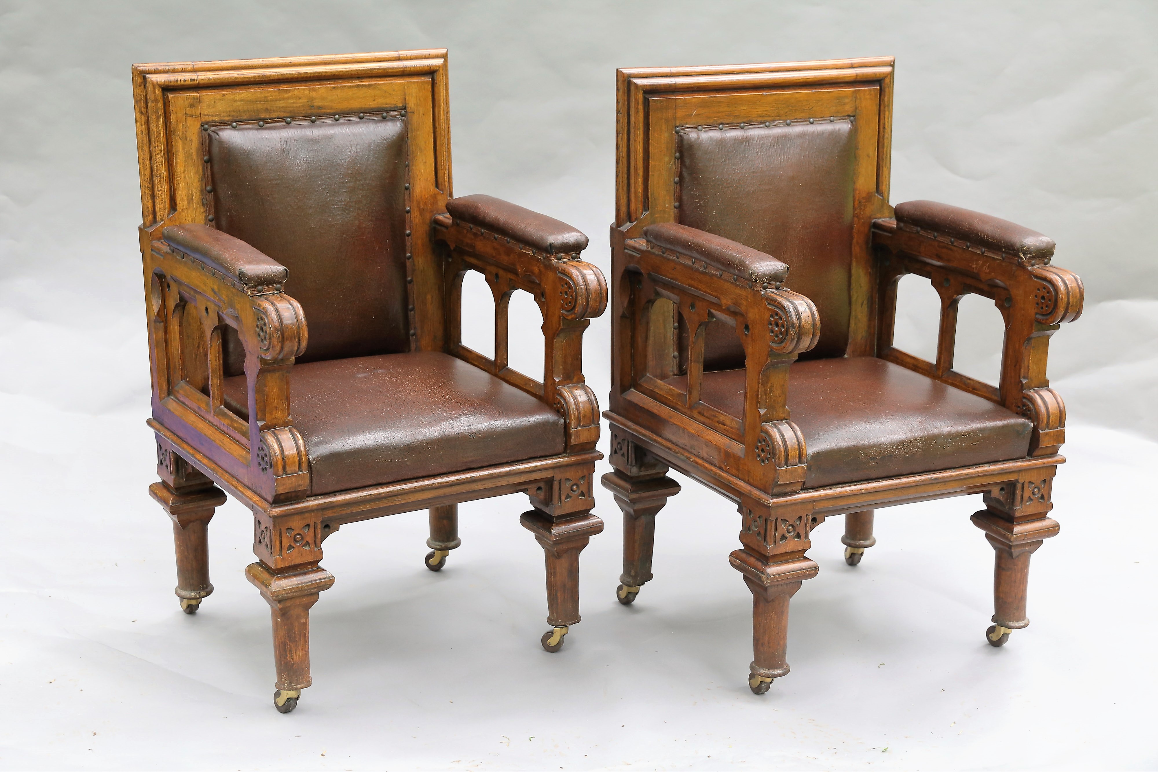 Antique Leather Library Chairs, Pair